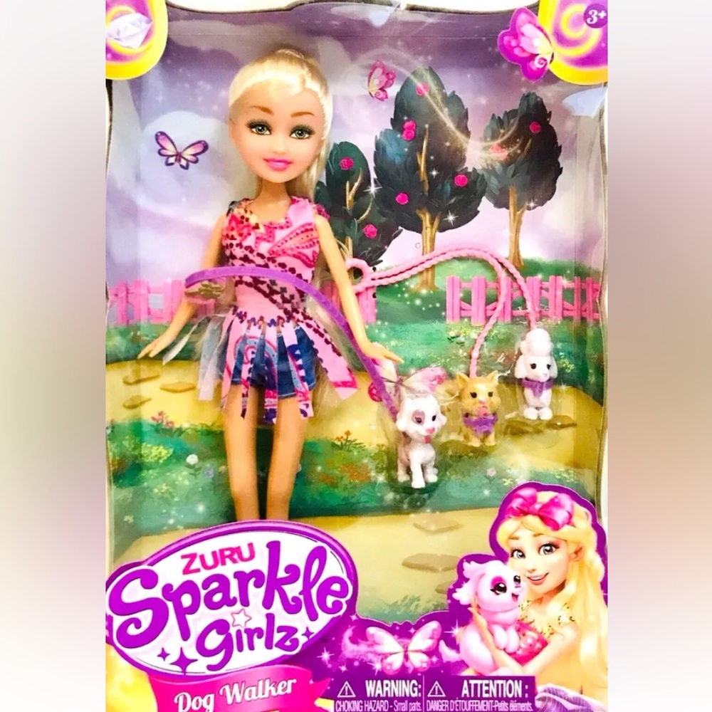 NEW Zuru Sparkle Girlz Dog Walker 10.5" Doll With 3 Puppies & Leash Age 3 & Up